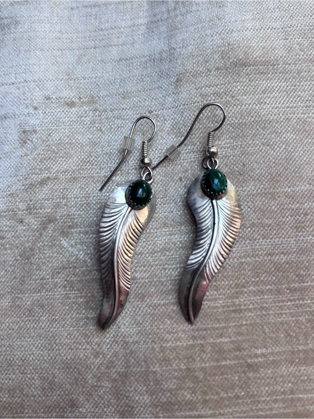 Silver Navajo Feather Drop Earrings with Malachite stone